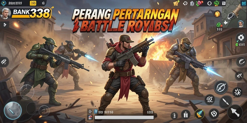 Tangkapan layar utama BANK338 menunjukkan aksi seru dalam Battle Royale.