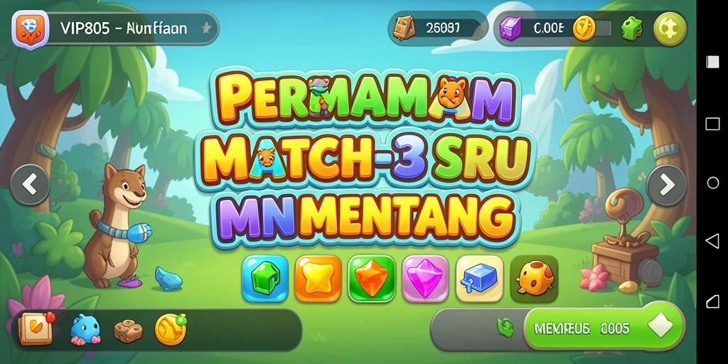 Screenshot gameplay VIP805 menampilkan level Match-3 yang penuh warna.